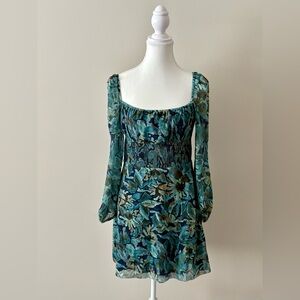 Wilfred Aritzia Floral Smocked Mini Dress Teal Blue Long Sleeve Size 6
